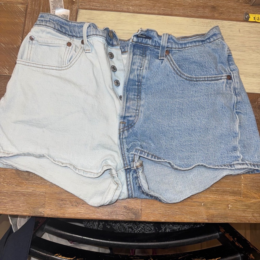 Levi 501 Denim Shorts Womens 31 Blue Excellent Two Tone Split Colorblock Button